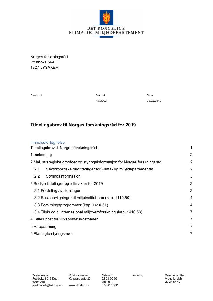 Forsiden av dokumentet Tildelingsbrev Forskningsrådet 2019