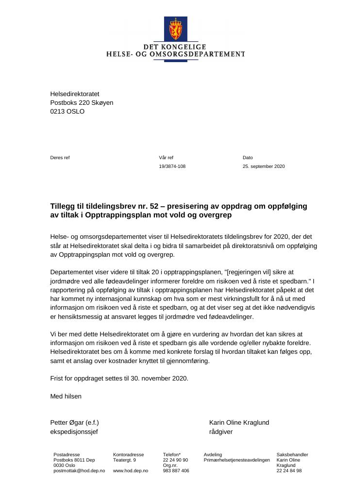 Forsiden av dokumentet Tildelingsbrev Helsedirektoratet 2020 - tillegg nr. 52