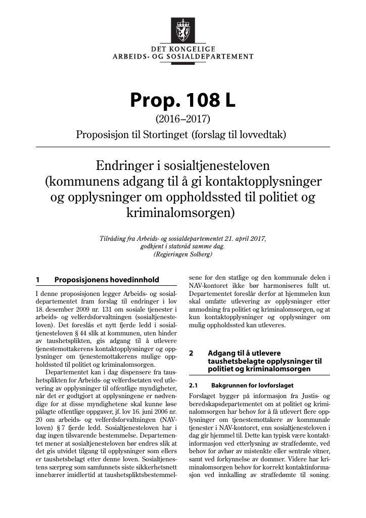 Forsiden av dokumentet Prop. 108 L (2016–2017)