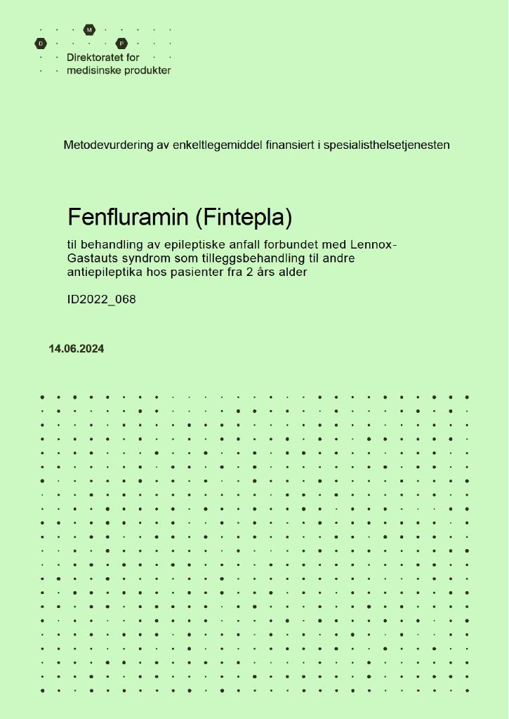 Forsiden av dokumentet Fenfluramin (Fintepla) til behandling av epileptiske anfall forbundet med Lennox-Gastauts syndrom som tilleggsbehandling til andre antiepileptika hos pasienter fra 2 års alder