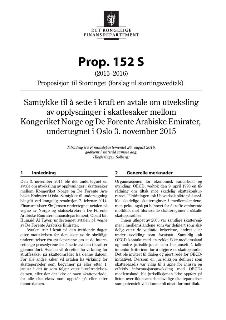 Forsiden av dokumentet Prop. 152 S (2015–2016)