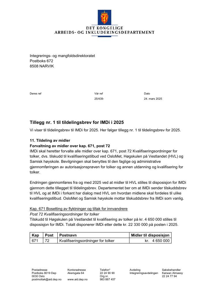 Forsiden av dokumentet Tildelingsbrev Integrerings- og mangfoldsdirektoratet (IMDi) 2025 - tillegg nr. 1