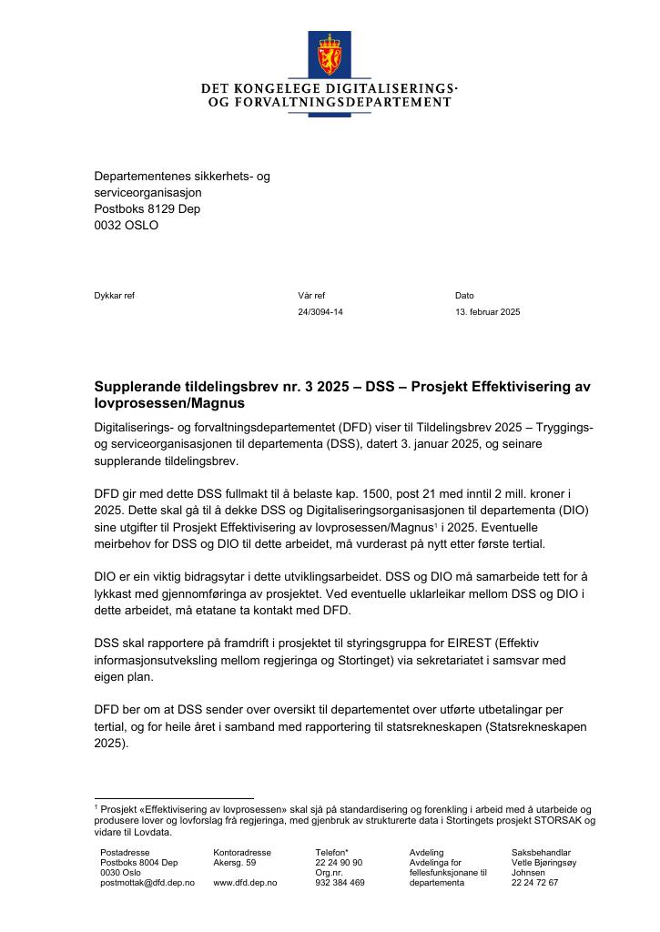 Forsiden av dokumentet Tildelingsbrev Departementenes sikkerhets- og serviceorganisasjon 2025 - tillegg nr. 3