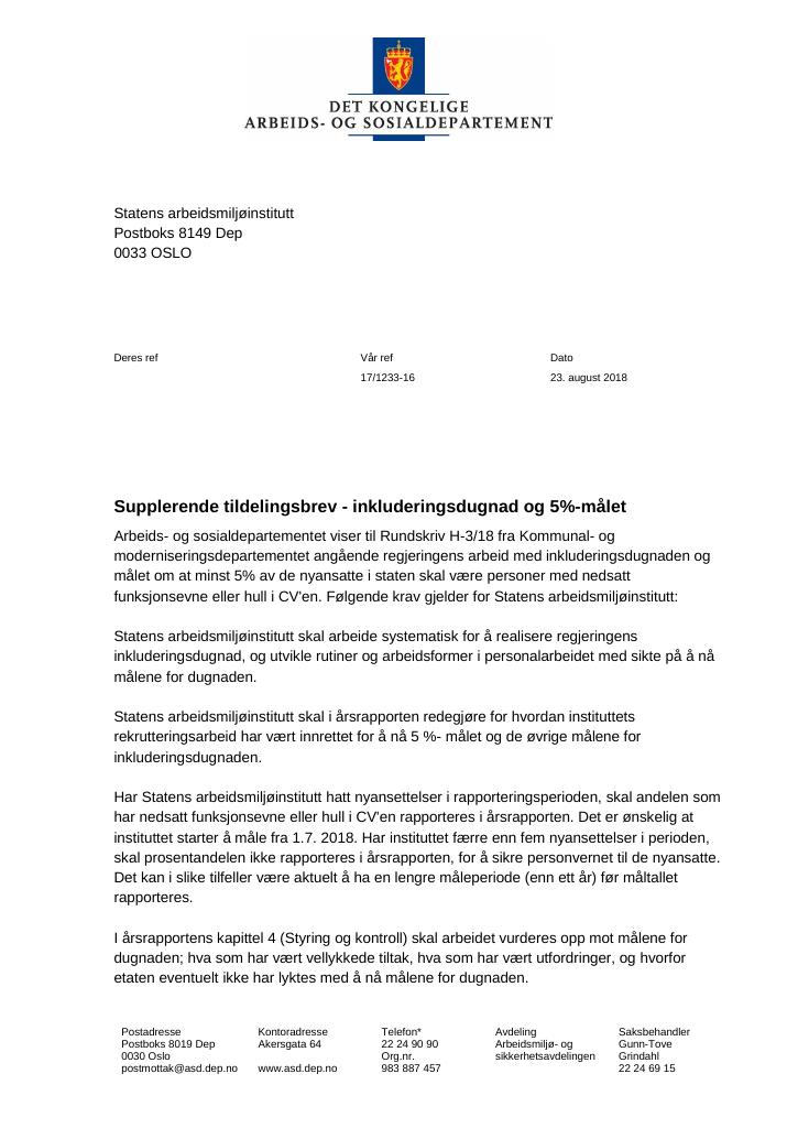 Forsiden av dokumentet Supplerende tildelingsbrev nr. 1 Statens arbeidsmiljøinstitutt 2018