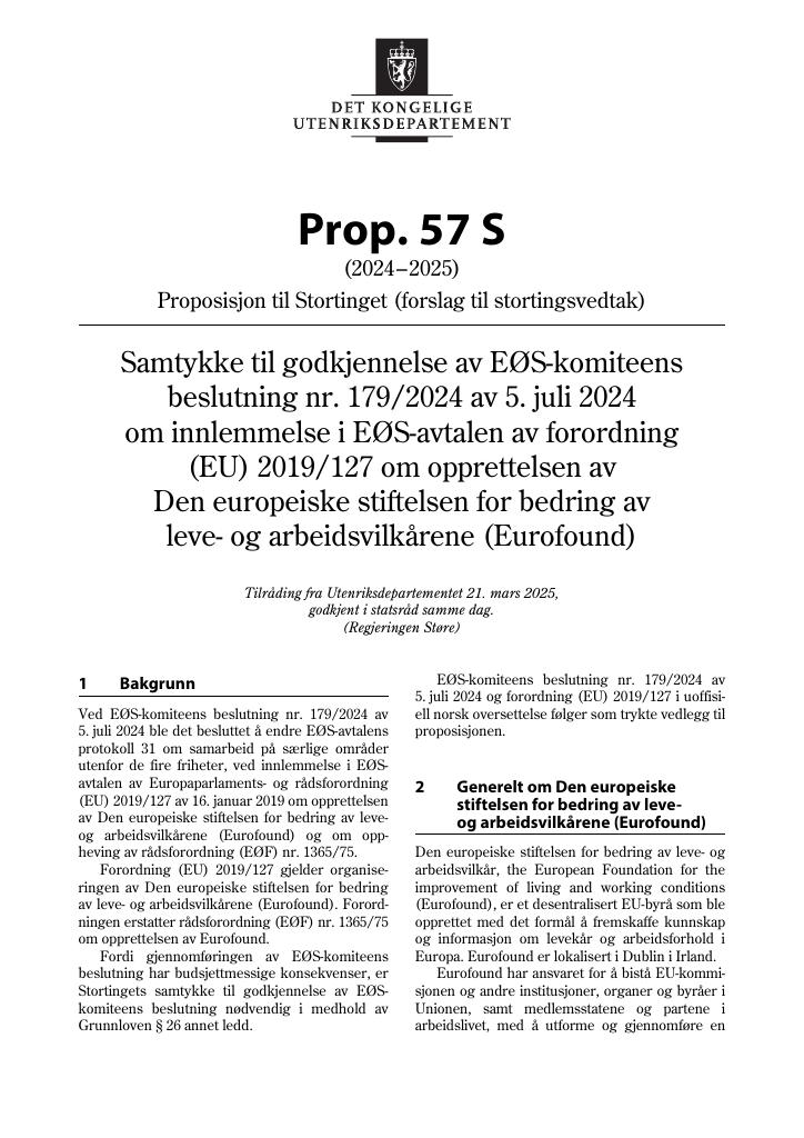 Forsiden av dokumentet Prop. 57 S (2024–2025)