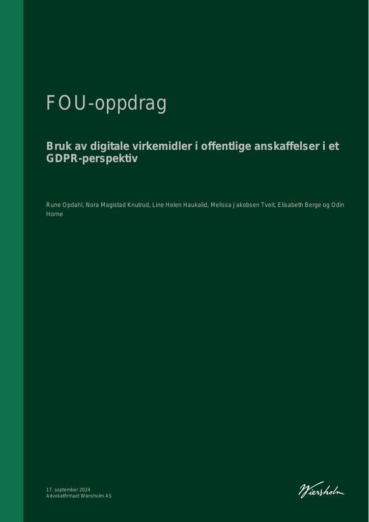 Forsiden av dokumentet Bruk av digitale virkemidler i offentlige anskaffelser i et GDPR-perspektiv