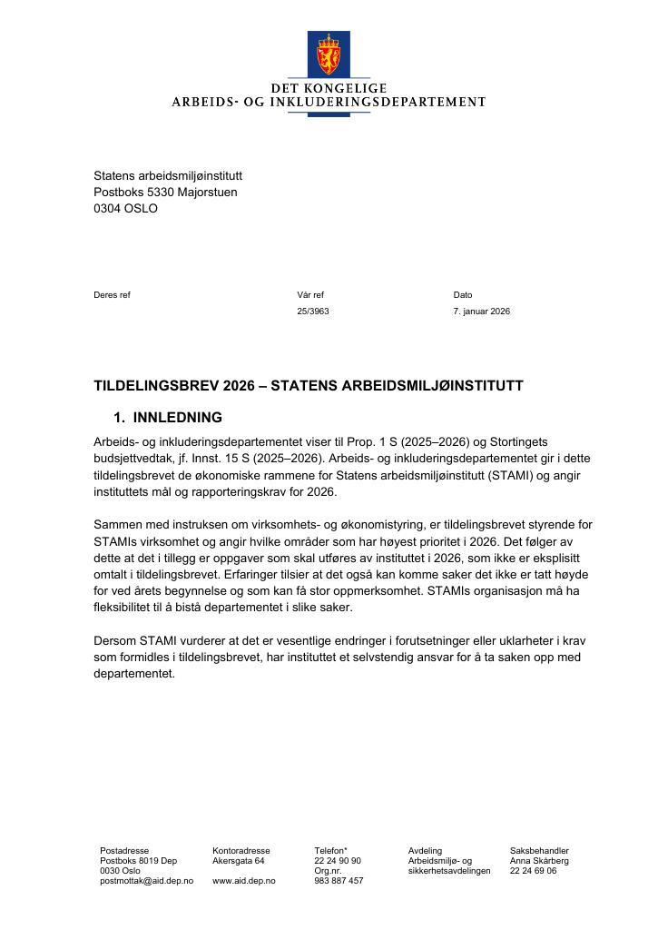 Forsiden av dokumentet Tildelingsbrev Statens arbeidsmiljøinstitutt (STAMI) 2026