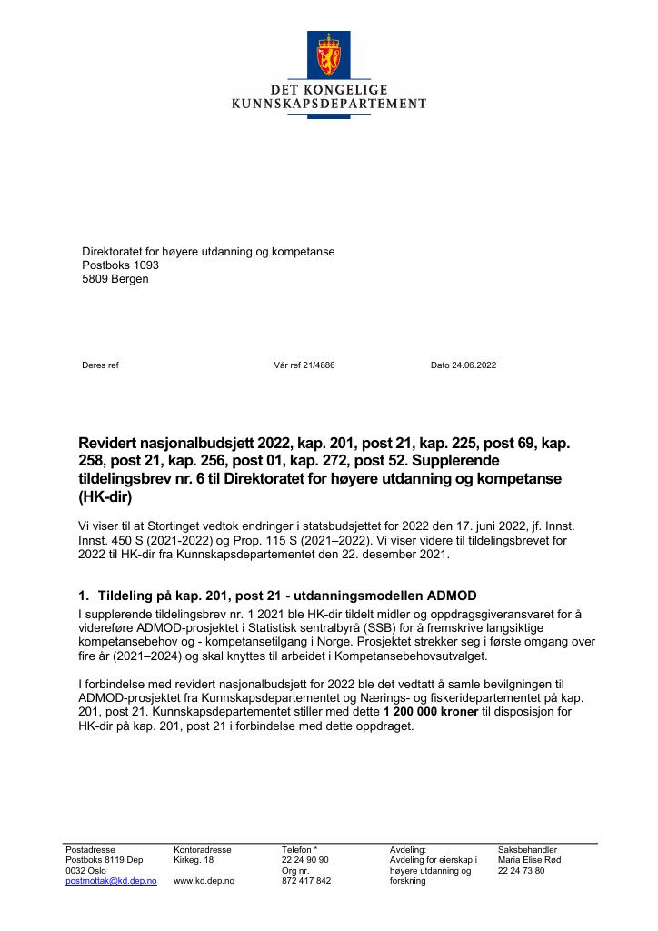 Forsiden av dokumentet Tildelingsbrev Direktoratet for høyere utdanning og kompetanse 2022 - tillegg nr. 6