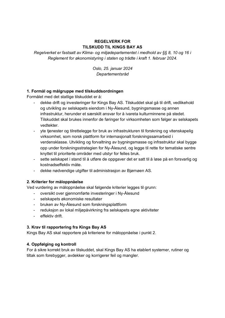 Forsiden av dokumentet Regelverk for tilskudd til Kings Bay AS