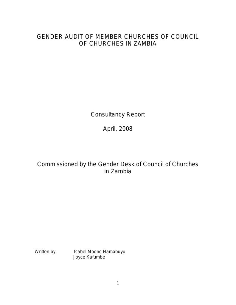 Forsiden av dokumentet Gender audit of member Churches of Council of Churches in Zambia