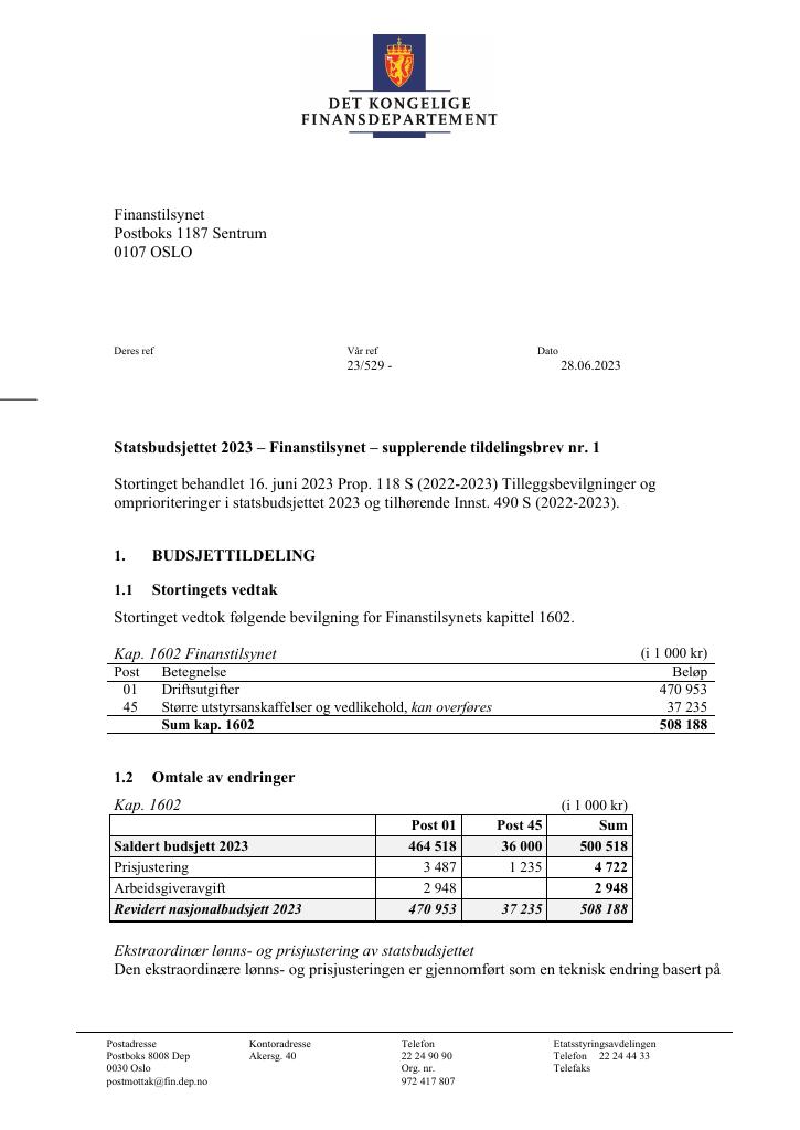 Forsiden av dokumentet supplerende tildelingsbrev nr. 1 2023