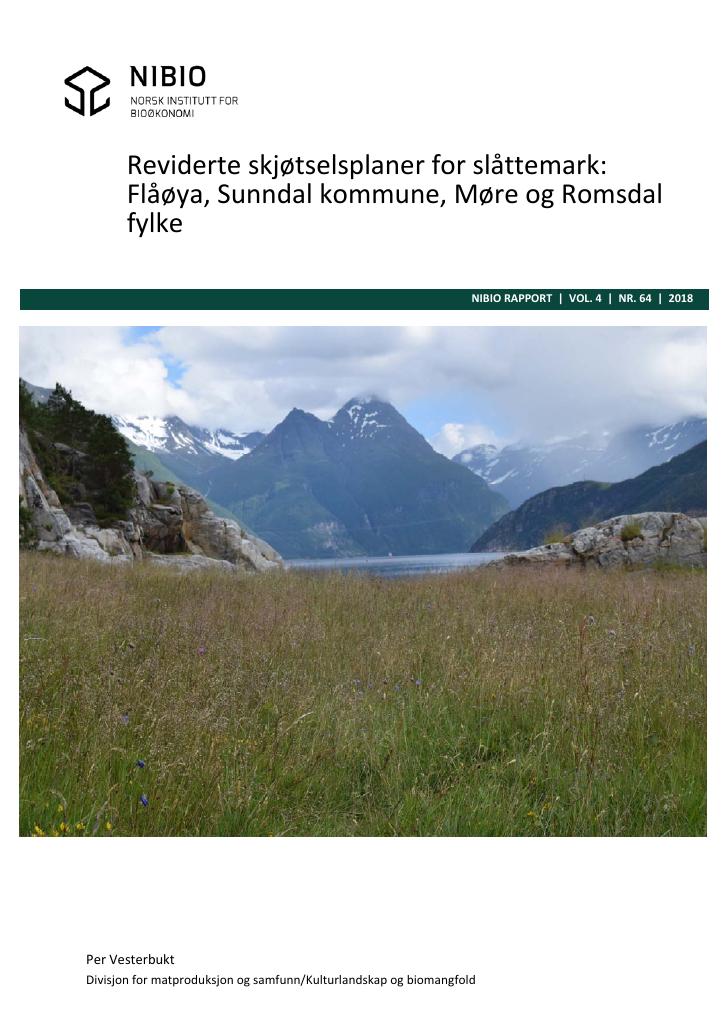 Forsiden av dokumentet Reviderte skjøtselsplaner for slåttemark: Flåøya. Sunndal kommune, Møre og Romsdal fylke