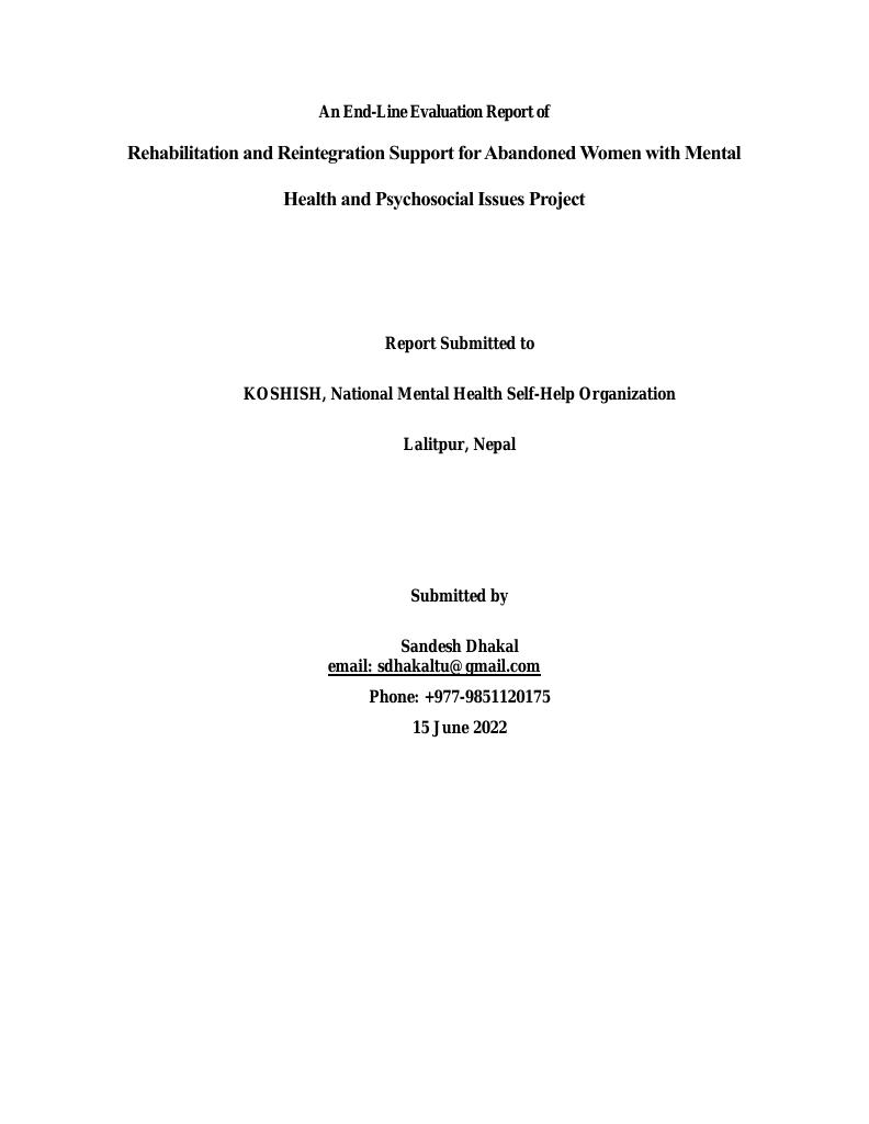 Forsiden av dokumentet End-Line Evaluation Report of Rehabilitation and Reintegration Support for Abandoned Women with Mental Health and Psychosocial Issues Project