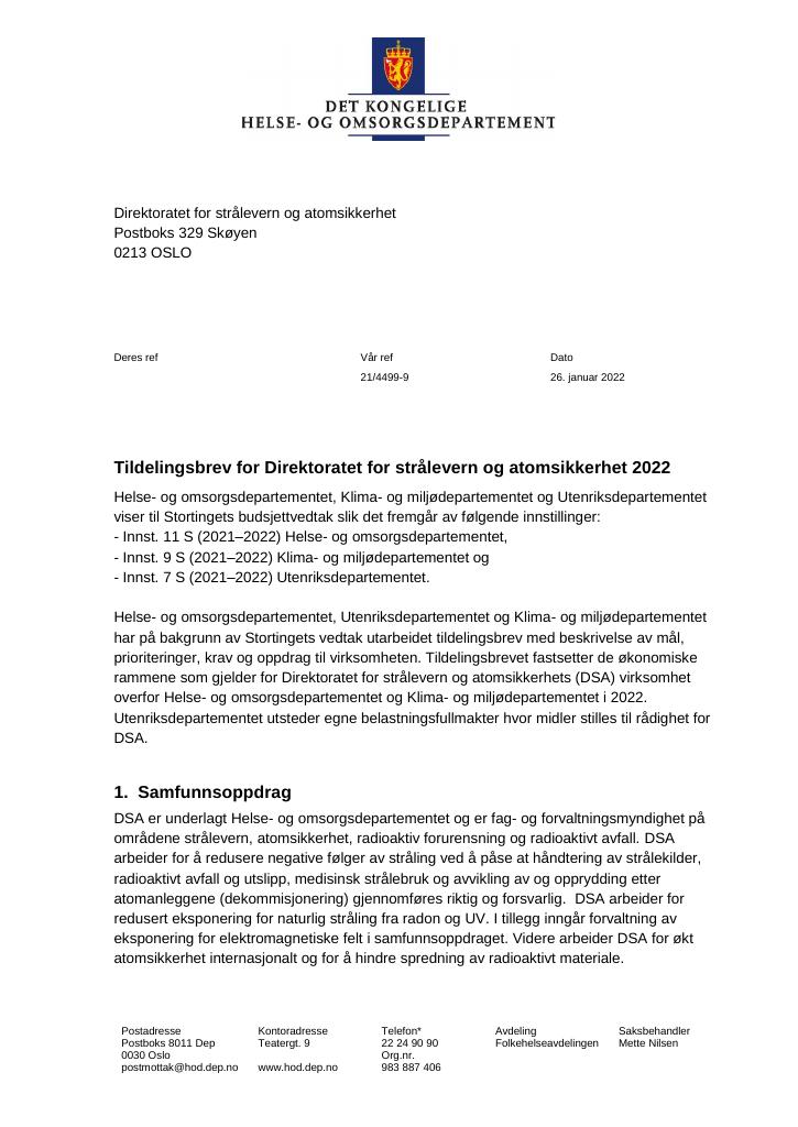 Forsiden av dokumentet Tildelingsbrev Direktoratet for strålevern og atomsikkerhet 2022