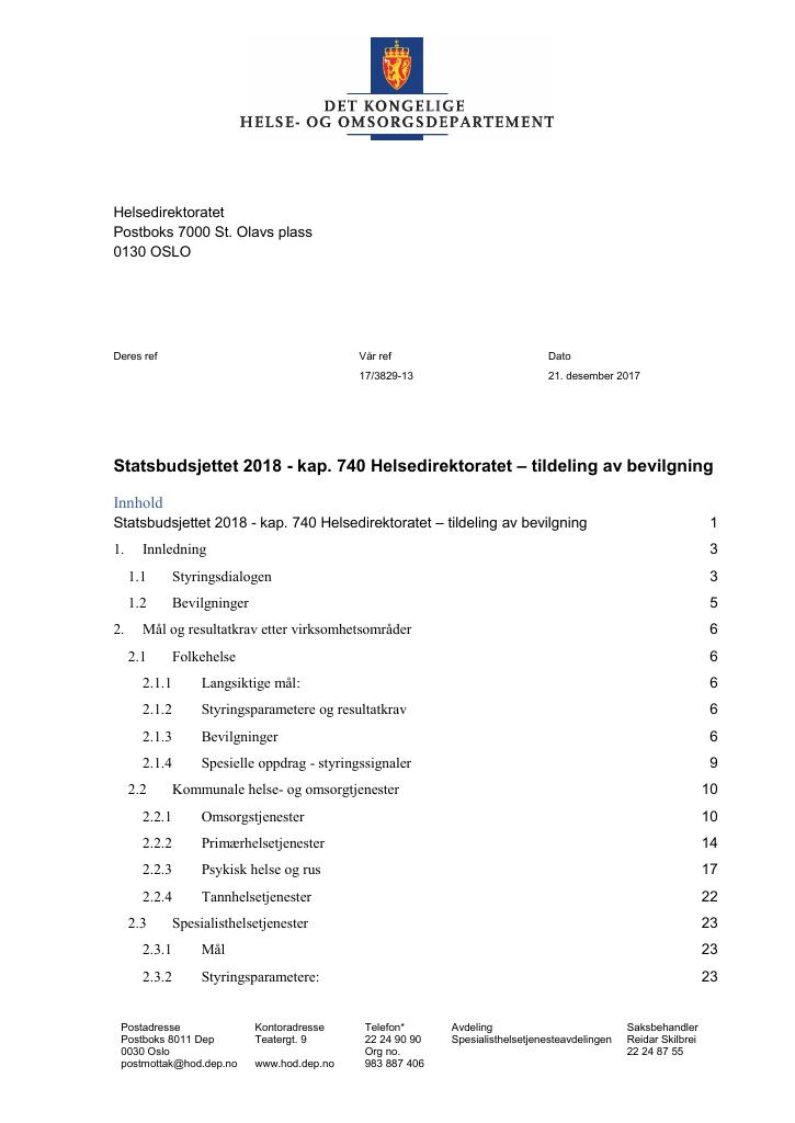 Forsiden av dokumentet Tildelingsbrev (pdf)