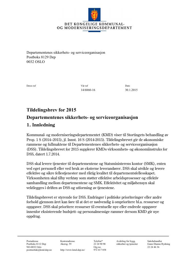 Forsiden av dokumentet Tildelingsbrev (pdf)