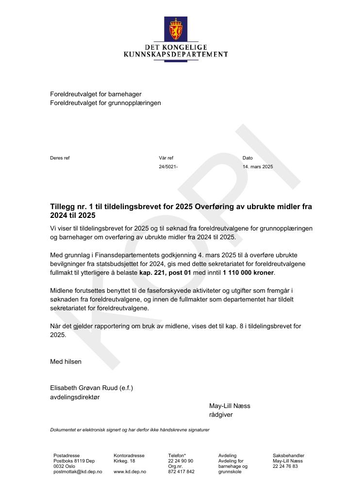 Forsiden av dokumentet Tildelingsbrev Foreldreutvalget for grunnopplæringen og Foreldreutvalget for barnehager (FUG/FUB) 2025 - tillegg nr. 1