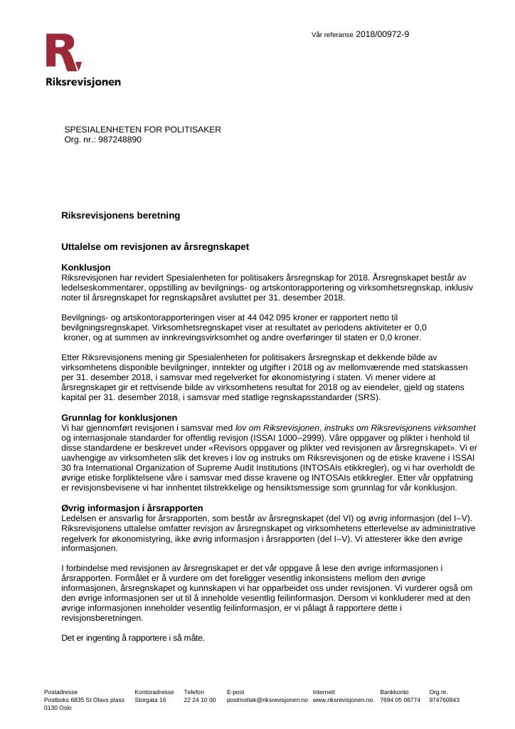 Forsiden av dokumentet Revisjonsberetning (PDF)