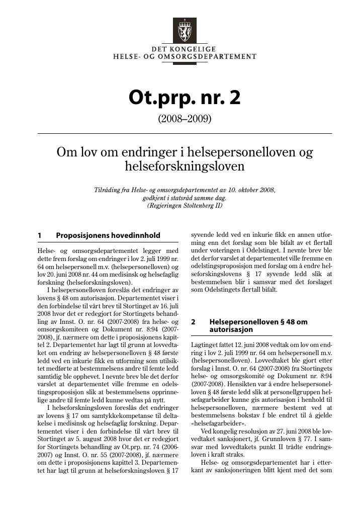 Forsiden av dokumentet Ot.prp. nr. 2 (2008-2009)