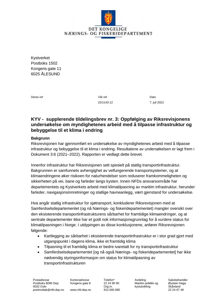 Forsiden av dokumentet Tildelingsbrev Kystverket 2022 - tillegg nr. 3