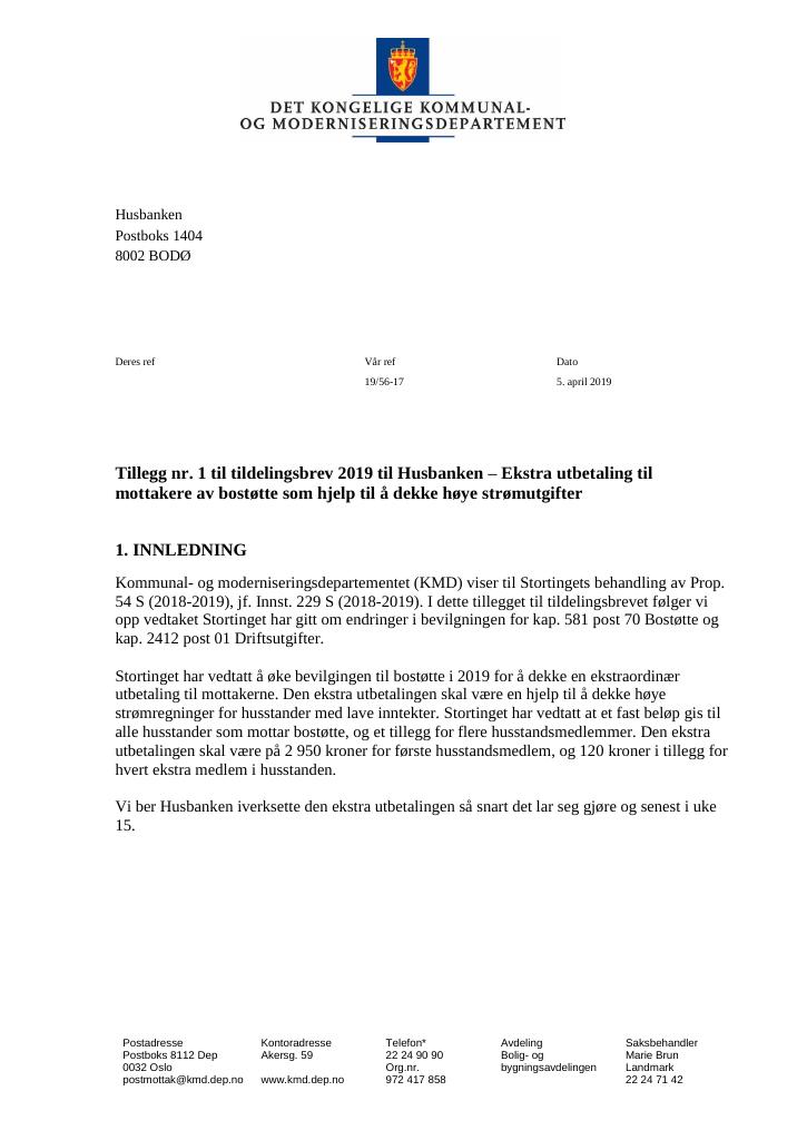 Forsiden av dokumentet Tildelingsbrev Husbanken 2019 - tillegg nr. 1