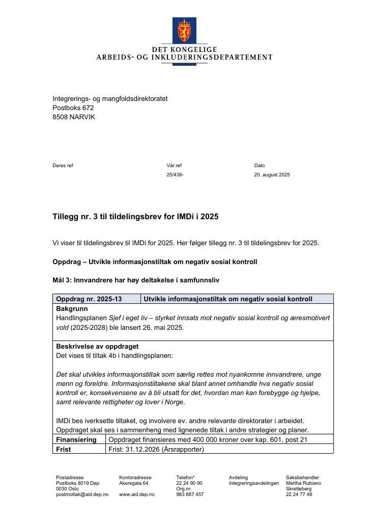 Forsiden av dokumentet Tildelingsbrev Integrerings- og mangfoldsdirektoratet (IMDi) 2025 - tillegg nr. 3