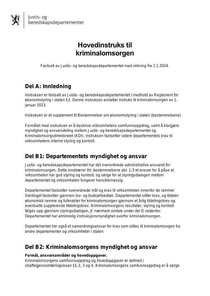 Forsiden av dokumentet Hovedinstruks Kriminalomsorgen 2024