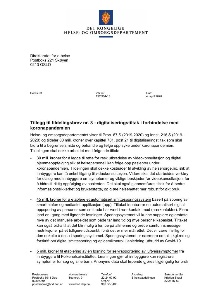 Tildelingsbrev Direktoratet For E-helse 2020 - Tillegg Nr. 3 - Kudos