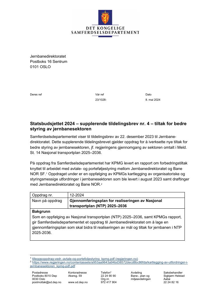 Forsiden av dokumentet Tildelingsbrev Jernbanedirektoratet 2024 - tillegg nr. 4