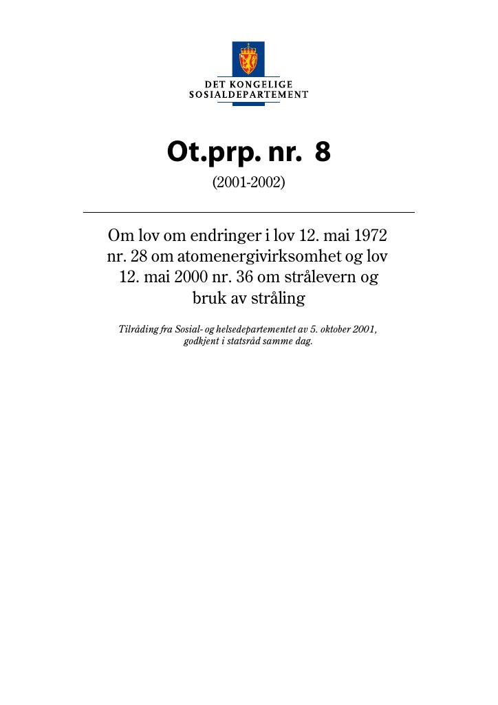 Forsiden av dokumentet Ot.prp. nr. 8 (2001-2002)