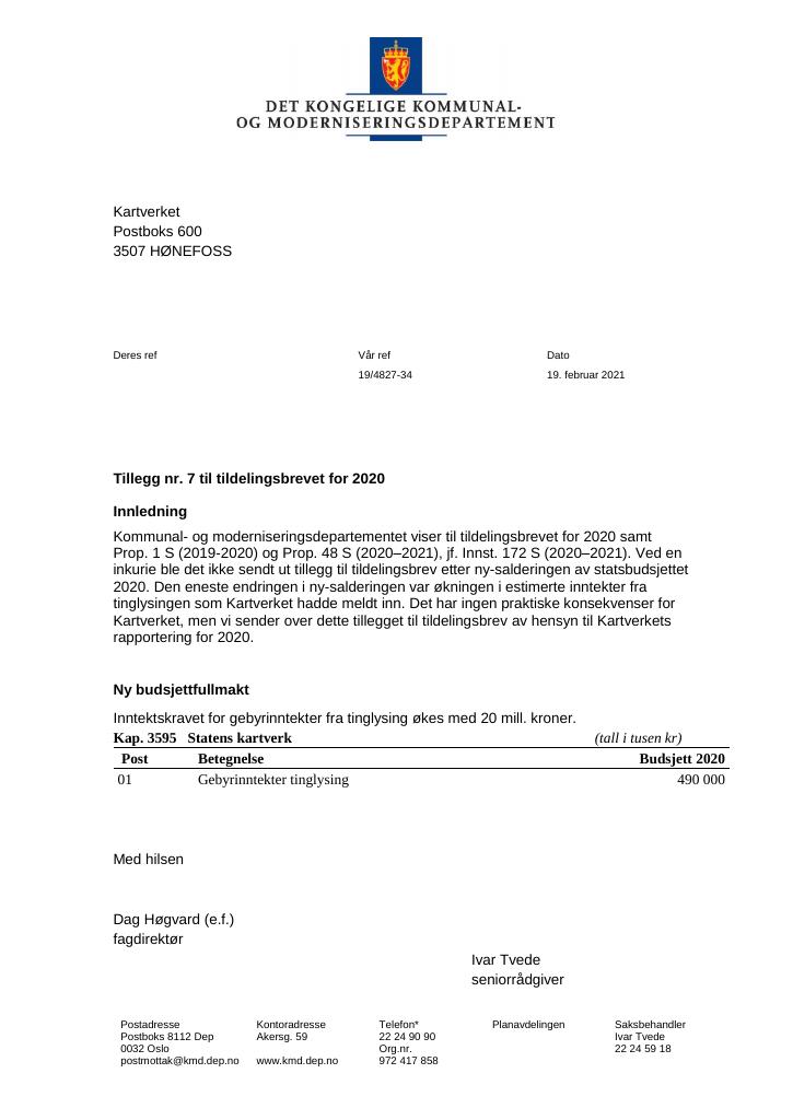 Forsiden av dokumentet Tildelingsbrev Kartverket 2021 - tillegg nr. 7