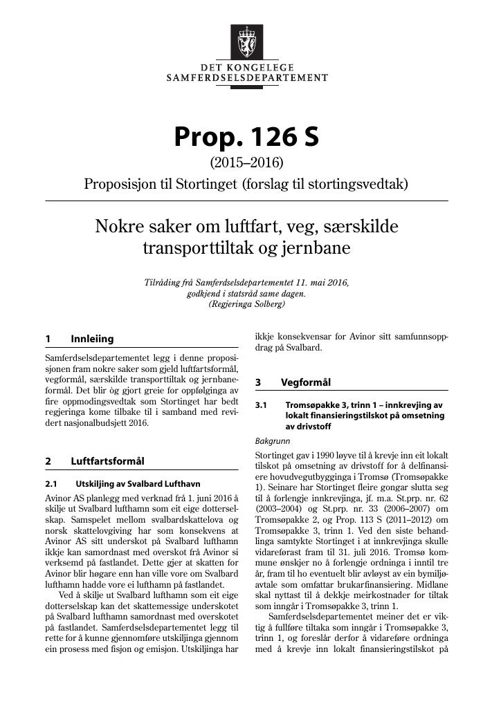 Forsiden av dokumentet Prop. 126 S (2015–2016)