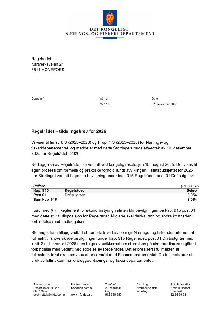 Forsiden av dokumentet Tildelingsbrev Regelrådet 2026