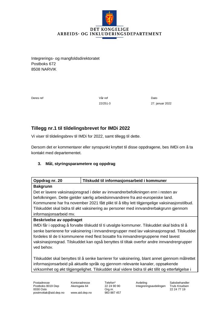 Forsiden av dokumentet Tildelingsbrev Integrerings- og mangfoldsdirektoratet (IMDi) 2022 - tillegg nr. 1