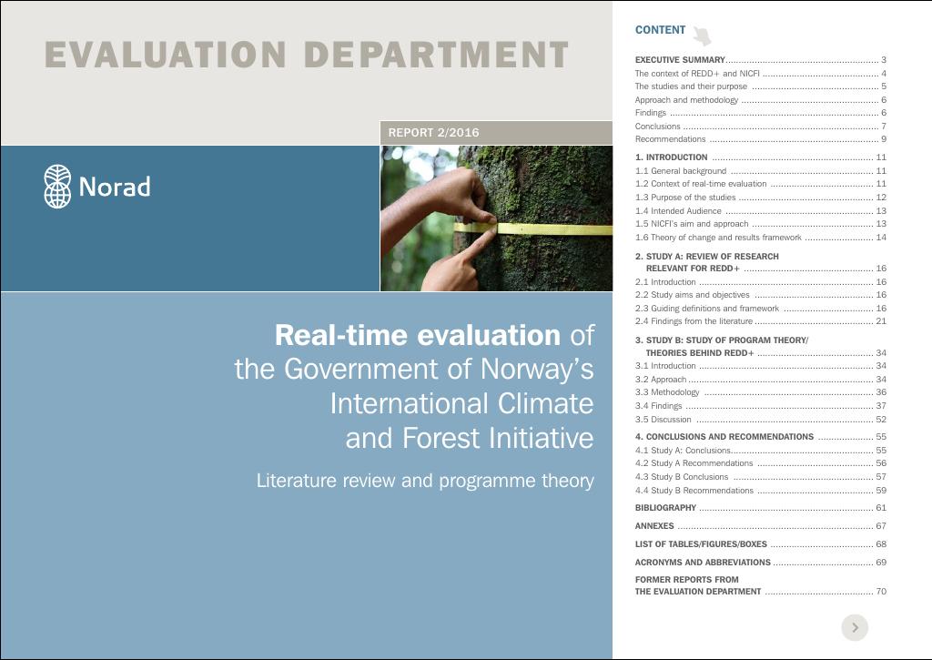 Forsiden av dokumentet Real-Time evaluation of Norway’s International Climate and Forest Initiative. Literature review and programme theory