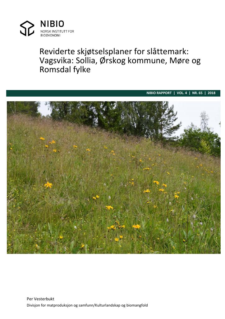 Forsiden av dokumentet Reviderte skjøtselsplaner for slåttemark: Vagsvika: Sollia, Ørskog kommune, Møre og Romsdal fylke