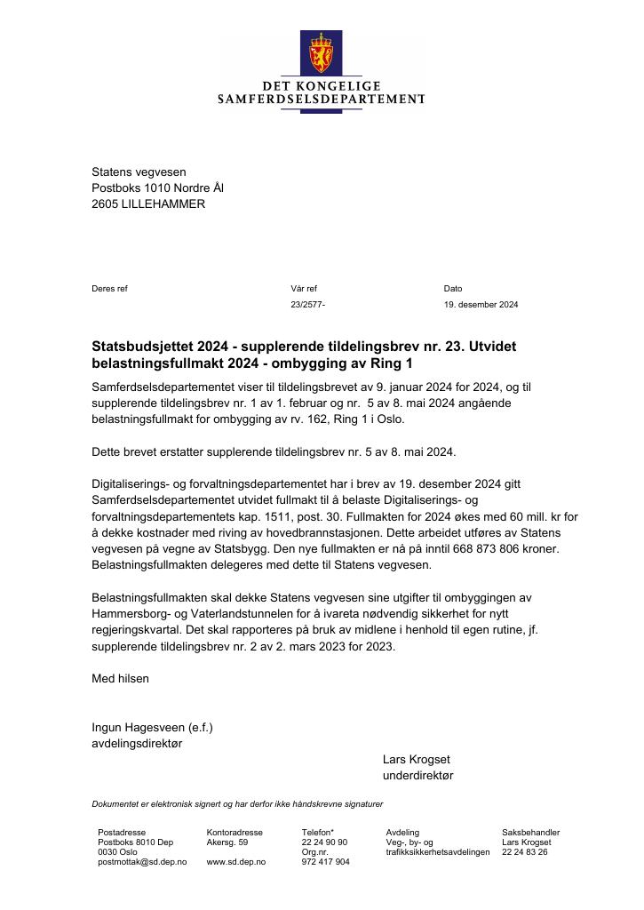 Forsiden av dokumentet Tildelingsbrev Statens vegvesen 2024 - tillegg nr. 23