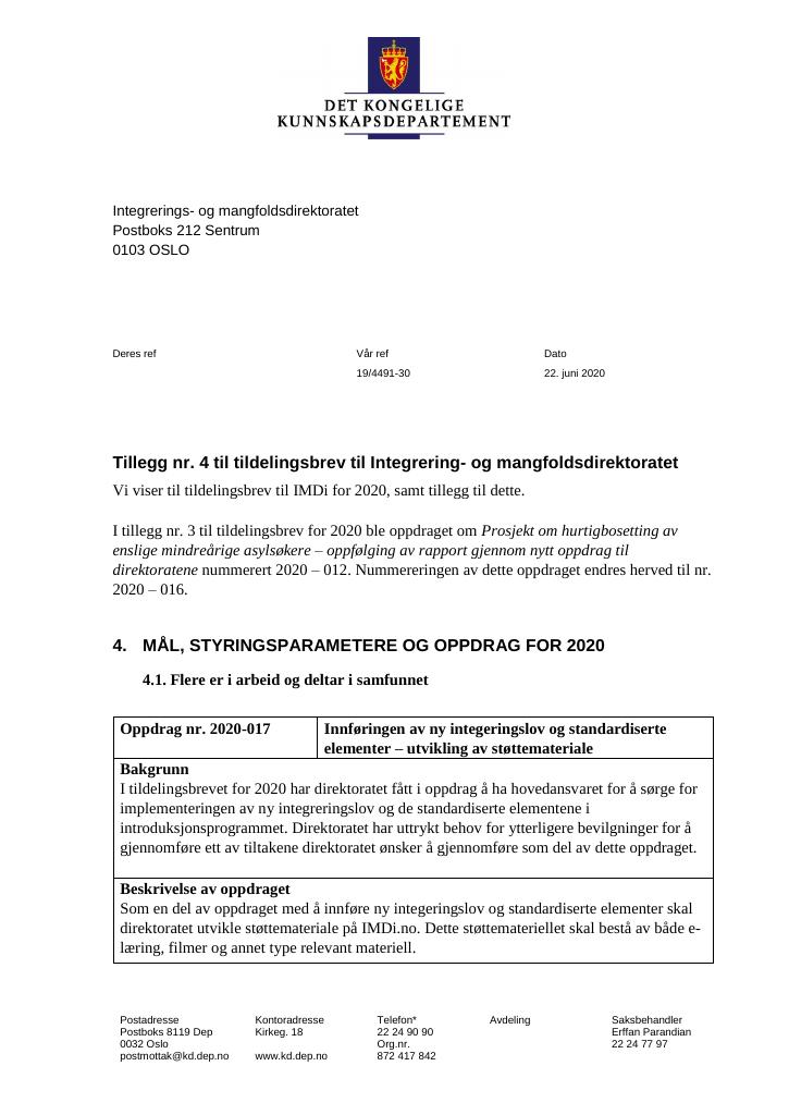 Forsiden av dokumentet Tildelingsbrev Integrerings- og mangfoldsdirektoratet 2020 - tillegg nr. 4
