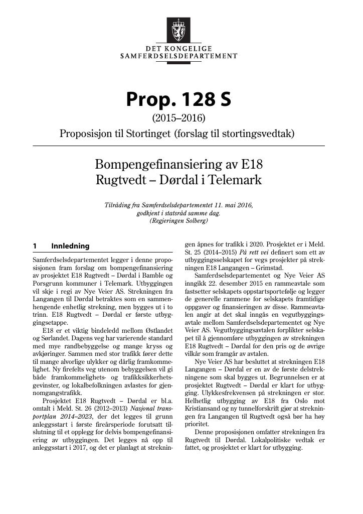 Forsiden av dokumentet Prop. 128 S (2015–2016)