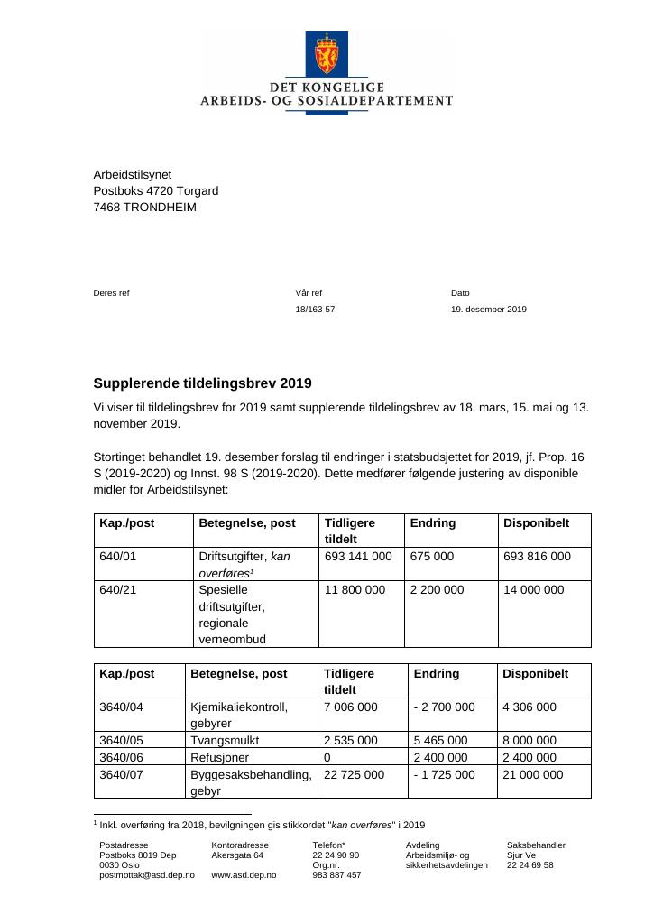 Forsiden av dokumentet Tildelingsbrev Arbeidstilsynet 2019 - tillegg nr. 7