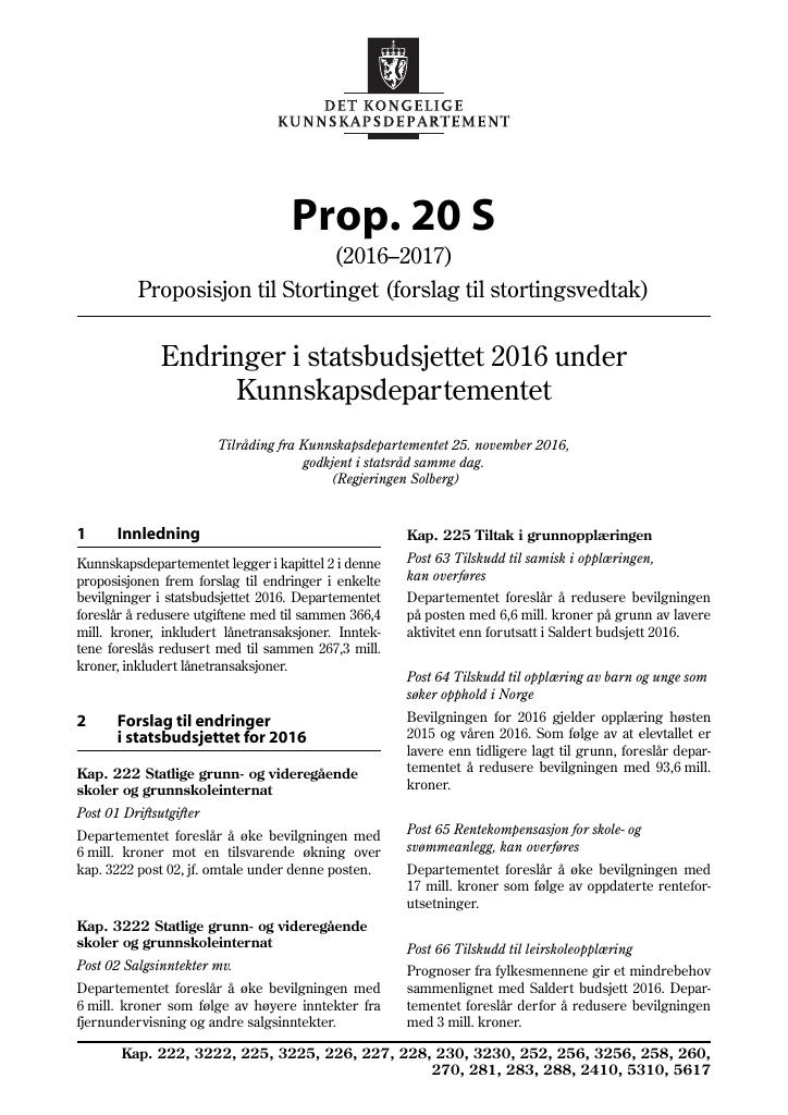 Forsiden av dokumentet Prop. 20 S (2016–2017)