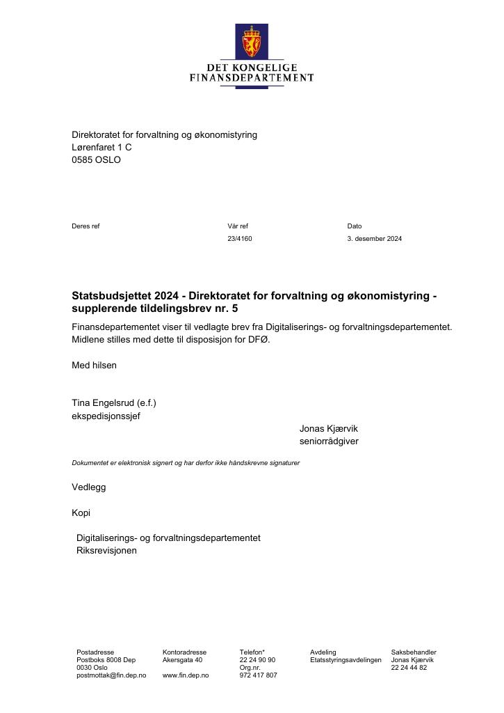 Forsiden av dokumentet Tildelingsbrev Direktoratet for forvaltning og økonomistyring 2024 - tillegg nr. 5