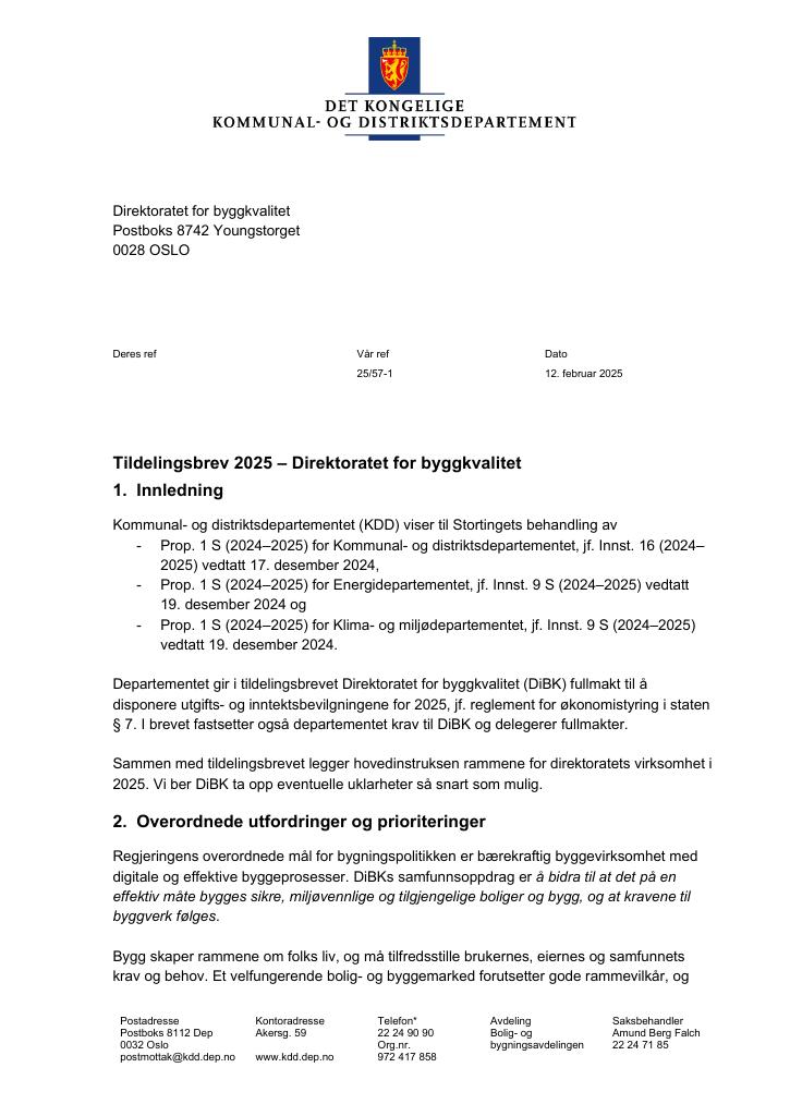 Forsiden av dokumentet Tildelingsbrev Direktoratet for byggkvalitet 2025