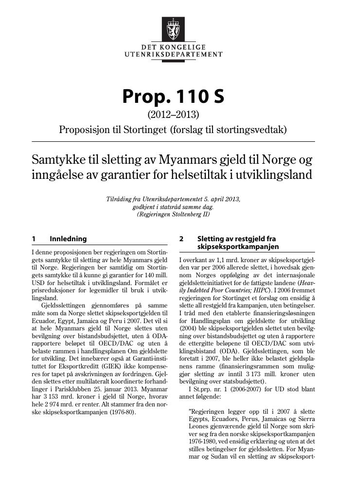 Forsiden av dokumentet Prop. 110 S (2012–2013)