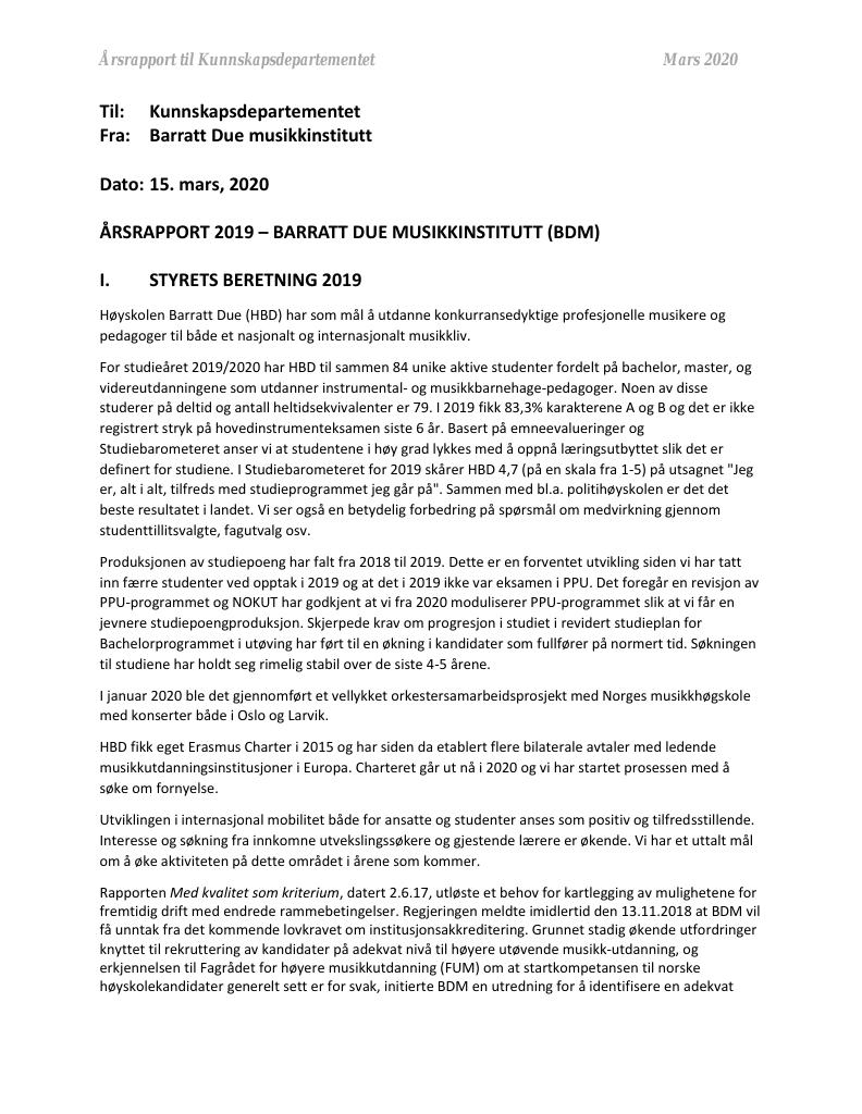 Forsiden av dokumentet Årsrapport Barratt Due Musikkinstitutt 2019