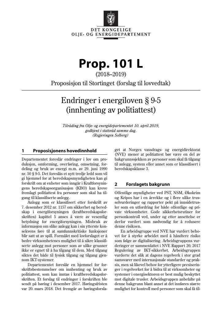 Forsiden av dokumentet Prop. 101 L (2018–2019)