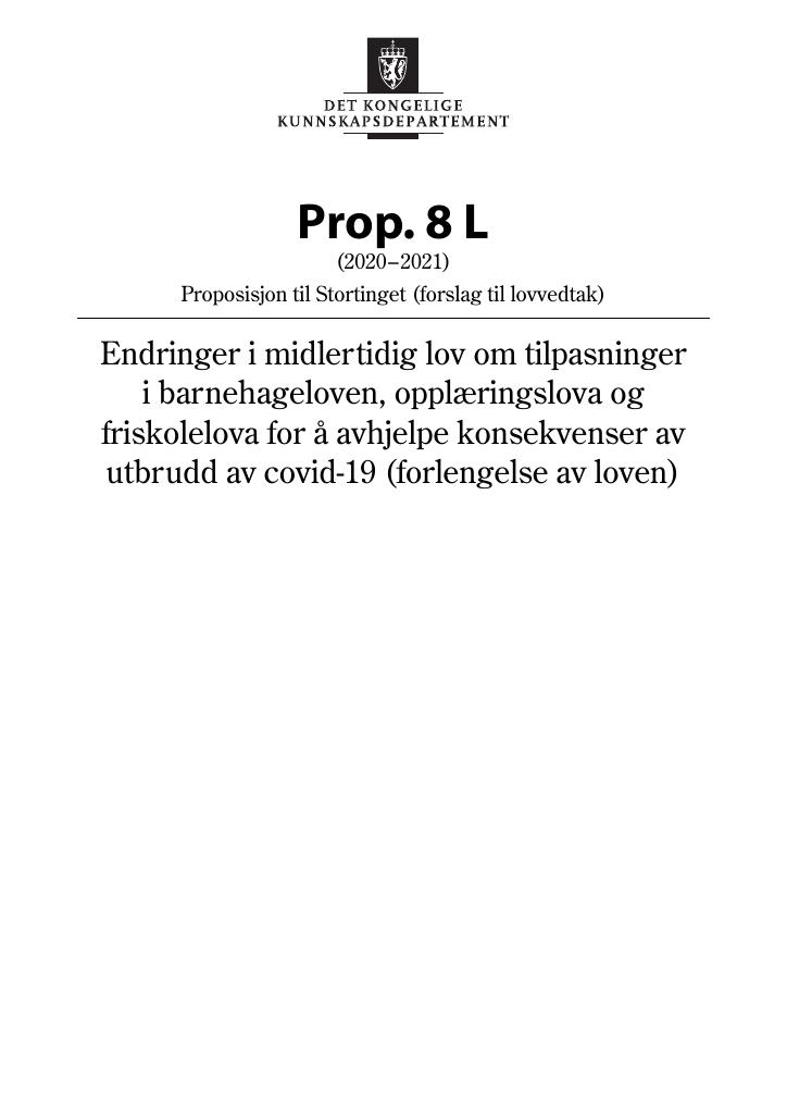 Forsiden av dokumentet Prop. 8 L (2020–2021)