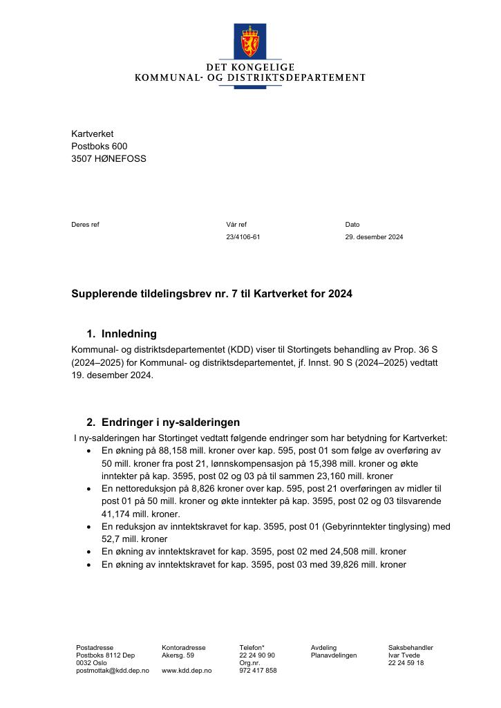Forsiden av dokumentet Tildelingsbrev Kartverket 2024 - tillegg nr. 7