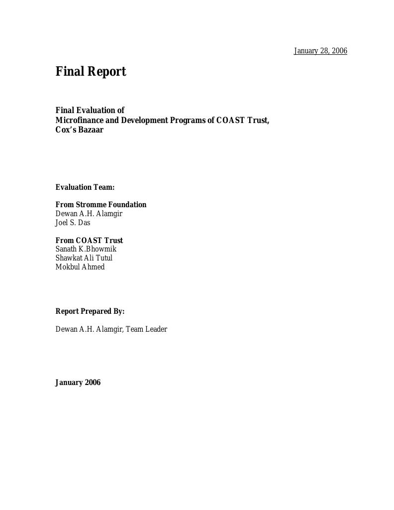 Forsiden av dokumentet Final Evaluation of Microfinance and development Programs of COAST Trust, Cox's Bazaar