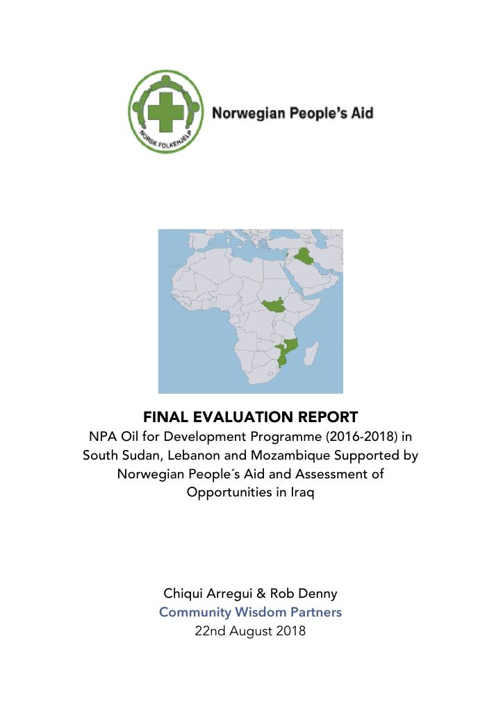 Forsiden av dokumentet NPA Oil for Development Programme (2016-2018) in South Sudan, Lebanon and Mozambique Supported by Norwegian People´s Aid and Assessment of Opportunities in Iraq